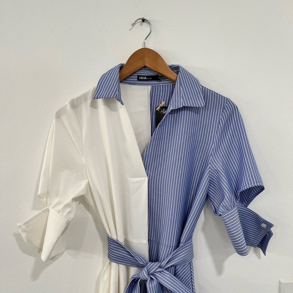 I:NA blue & white colorblock striped asymmetrical hem tie waist shirt dress NWT - Picture 3 of 16